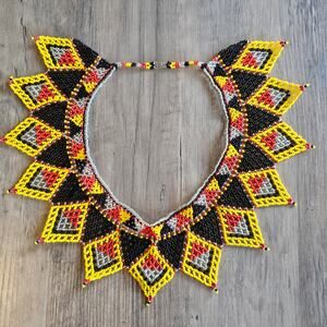 Vintage African Tribal Beaded Collar Necklace Yellow Black & Red